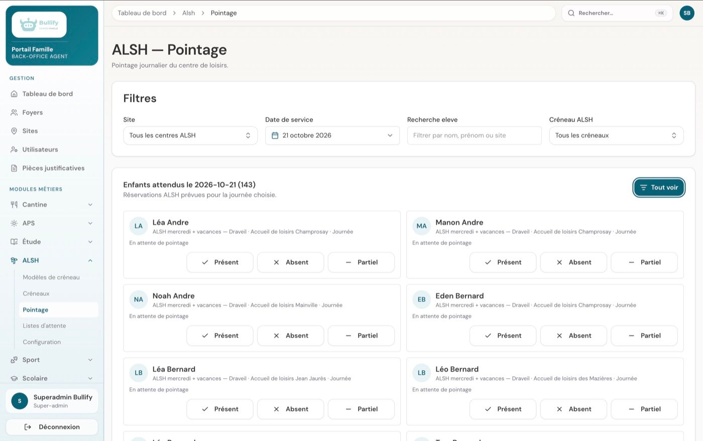 Interface de pointage Bullify Espace Famille