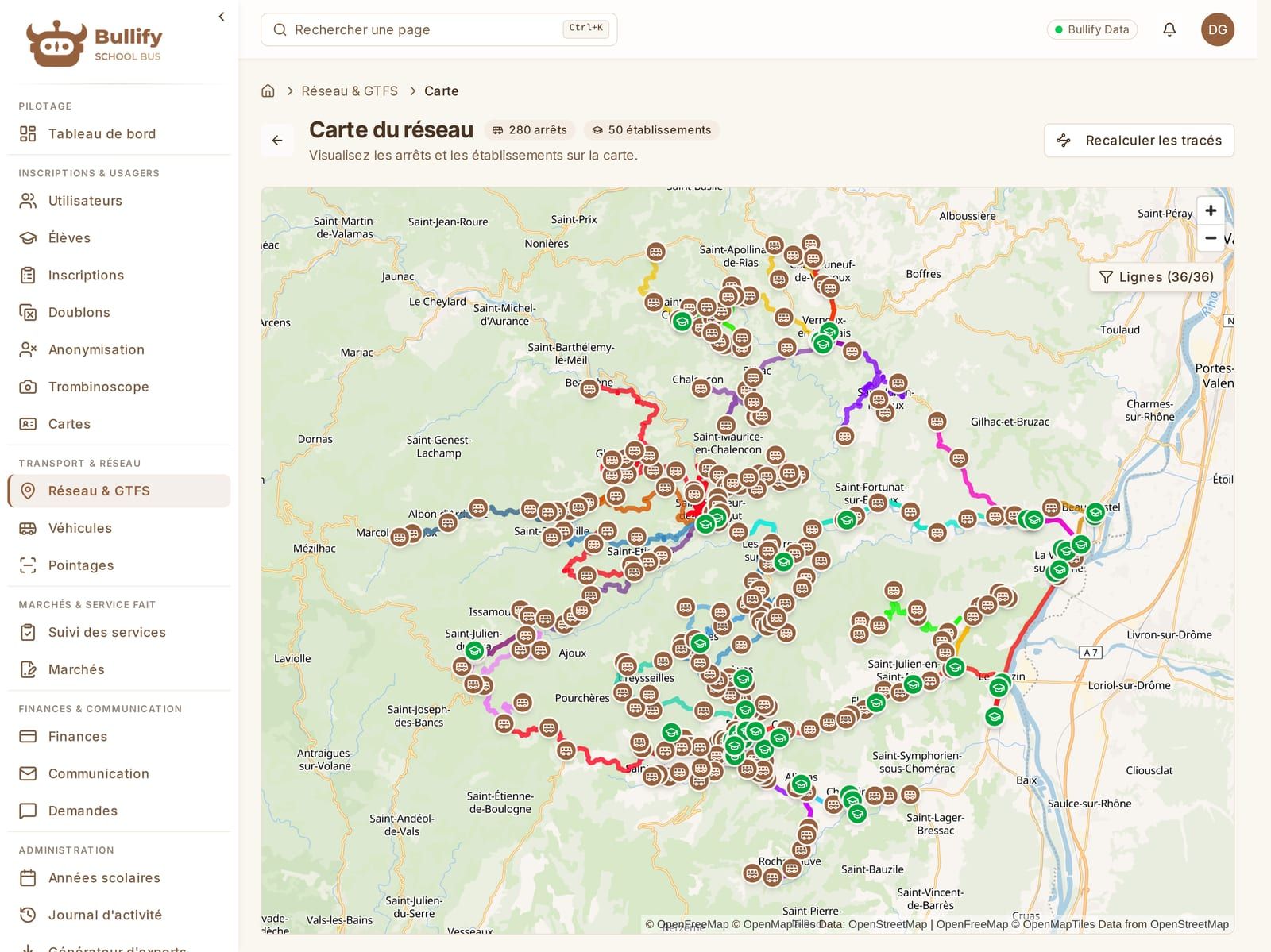 Network map in the back office: 280 stops and 50 schools plotted, route paths colour-coded