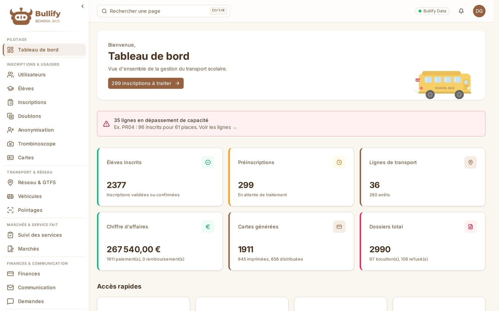 Bullify School Bus administrator dashboard